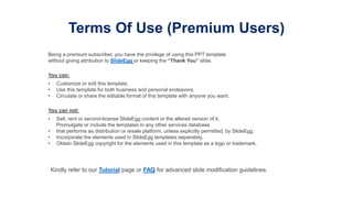 Terms Of Use (Premium Users)
Being a premium subscriber, you have the privilege of using this PPT template
without giving attribution to SlideEgg or keeping the “Thank You” slide.
You can:
• Customize or edit this template.
• Use this template for both business and personal endeavors.
• Circulate or share the editable format of this template with anyone you want.
You can not:
• Sell, rent or second-license SlideEgg content or the altered version of it.
Promulgate or include the templates in any other services database
• that performs as distribution or resale platform, unless explicitly permitted, by SlideEgg.
• Incorporate the elements used in SlideEgg templates separately.
• Obtain SlideEgg copyright for the elements used in this template as a logo or trademark.
Kindly refer to our Tutorial page or FAQ for advanced slide modification guidelines.
 