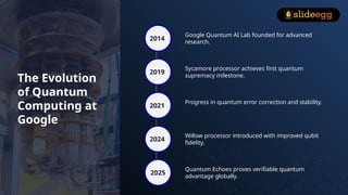 2014
Google Quantum AI Lab founded for advanced
research.
2019
Sycamore processor achieves first quantum
supremacy milestone.
2021
Progress in quantum error correction and stability.
2024
Willow processor introduced with improved qubit
fidelity.
2025
Quantum Echoes proves verifiable quantum
advantage globally.
The Evolution
of Quantum
Computing at
Google
 