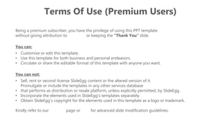 Terms Of Use (Premium Users)
Being a premium subscriber, you have the privilege of using this PPT template
without giving attribution to SlideEgg or keeping the “Thank You” slide.
You can:
• Customize or edit this template.
• Use this template for both business and personal endeavors.
• Circulate or share the editable format of this template with anyone you want.
You can not:
• Sell, rent or second-license SlideEgg content or the altered version of it.
Promulgate or include the templates in any other services database
• that performs as distribution or resale platform, unless explicitly permitted, by SlideEgg.
• Incorporate the elements used in SlideEgg’s templates separately.
• Obtain SlideEgg’s copyright for the elements used in this template as a logo or trademark.
Kindly refer to our Tutorial page or FAQ for advanced slide modification guidelines.
 
