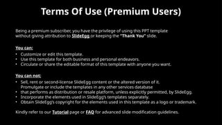 Terms Of Use (Premium Users)
Being a premium subscriber, you have the privilege of using this PPT template
without giving attribution to SlideEgg or keeping the “Thank You” slide.
You can:
• Customize or edit this template.
• Use this template for both business and personal endeavors.
• Circulate or share the editable format of this template with anyone you want.
You can not:
• Sell, rent or second-license SlideEgg content or the altered version of it.
Promulgate or include the templates in any other services database
• that performs as distribution or resale platform, unless explicitly permitted, by SlideEgg.
• Incorporate the elements used in SlideEgg’s templates separately.
• Obtain SlideEgg’s copyright for the elements used in this template as a logo or trademark.
Kindly refer to our Tutorial page or FAQ for advanced slide modification guidelines.
 