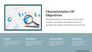 Characteristics Of
Objectives
Well-defined objectives are characterized by their clarity,
specificity, measurability, achievability, and relevance,
providing a clear direction and focus for the research study
Clarity
Well-defined objectives should be
clear and unambiguous, leaving no
room for misinterpretation or
confusion.
Specificity
Objectives should be specific, clearly
stating what is to be achieved or
investigated, leaving no room for
statements.
Measurability
Well-defined objectives should be
measurable, allowing for the
assessment of progress or
achievement.
Relevance
Objectives should be directly
related to the research
problem, addressing the core
issues or gaps
 