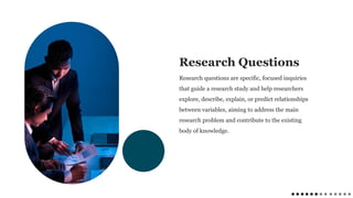 Research Questions
Research questions are specific, focused inquiries
that guide a research study and help researchers
explore, describe, explain, or predict relationships
between variables, aiming to address the main
research problem and contribute to the existing
body of knowledge.
 