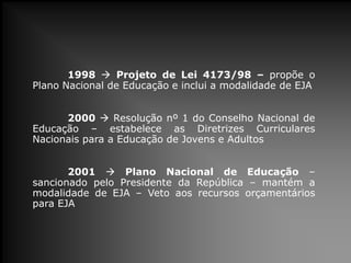 1998  Projeto de Lei 4173/98 – propõe o
Plano Nacional de Educação e inclui a modalidade de EJA
2000  Resolução nº 1 do Conselho Nacional de
Educação – estabelece as Diretrizes Curriculares
Nacionais para a Educação de Jovens e Adultos
2001  Plano Nacional de Educação –
sancionado pelo Presidente da República – mantém a
modalidade de EJA – Veto aos recursos orçamentários
para EJA

 