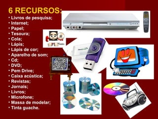 6 RECURSOS:
• Livros de pesquisa;
• Internet;
• Papel;
• Tesoura;
• Cola;
• Lápis;
• Lápis de cor;
• Aparelho de som;
• Cd;
• DVD;
• Pem Drive;
• Caixa acústica;
• Revistas;
• Jornais;
• Livros;
• Microfone;
• Massa de modelar;
• Tinta guache.
 