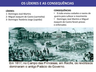 OS LÍDERES E AS CONSEQUÊNCIAS
LÍDERES:
1- Domingos José Martins
2- Miguel Joaquim de Castro (carmelita)
3- Domingos Teotônio Jorge (capitão)
CONSEQUÊNCIAS
• D.João enviou sodados e navios de
guerra para sufocar o movimento
• Domingos José Martins e Miguel
Joaquim de Castro foram presos
e enforcados
 