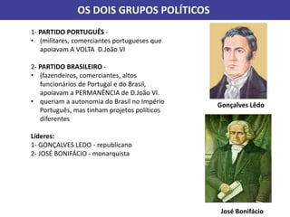 OS DOIS GRUPOS POLÍTICOS
1- PARTIDO PORTUGUÊS -
• (militares, comerciantes portugueses que
apoiavam A VOLTA D.João VI
2- PARTIDO BRASILEIRO -
• (fazendeiros, comerciantes, altos
funcionários de Portugal e do Brasil,
apoiavam a PERMANÊNCIA de D.João VI.
• queriam a autonomia do Brasil no Império
Português, mas tinham projetos políticos
diferentes
Líderes:
1- GONÇALVES LEDO - republicano
2- JOSÉ BONIFÁCIO - monarquista
Gonçalves Lêdo
José Bonifácio
 