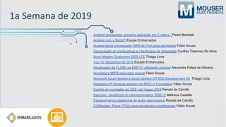 1a Semana de 2019
Android embarcado: primeira aplicação em C nativa - Pedro Bertoleti
Acelere com a Baita!!! Equipe Embarcados
Huawei lança processador ARM de 7nm para servidores Fábio Souza
Composição do combustível e o fenômeno de detonação Cynthia Thamires Da Silva
Novo Modem Qualcomm 9205 LTE Thiago Lima
Top 10: Dezembro de 2018 Equipe Embarcados
Atualização de FLASH na ESP-01 utilizando Arduino Alexandre Felipe de Oliveira
Arquitetura MIPS será open source Fábio Souza
Microsoft Azure Sphere e Azure Sphere MT3620 Development Kit Thiago Lima
Raspberry Pi torna-se membro da RISC-V Foundation Fábio Souza
Confira as novidades da CES Las Vegas 2019 Renata de Camillo
Espruino: JavaScript no microcontrolador RISC-V Matheus Castello
Espressif lança plataforma de áudio open-source Renata de Camillo
iCEBreaker: Placa FPGA para estudantes e professores Fábio Souza
 