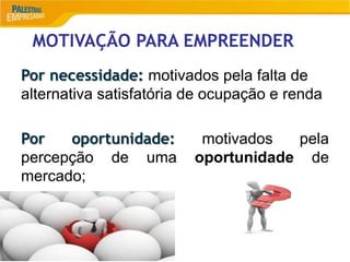 MOTIVAÇÃO PARA EMPREENDER
Por necessidade: motivados pela falta de
alternativa satisfatória de ocupação e renda
Por oportunidade: motivados pela
percepção de uma oportunidade de
mercado;
 
