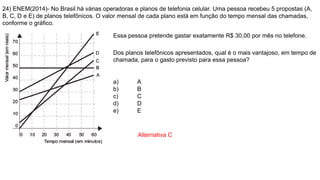 24) ENEM(2014)- No Brasil há várias operadoras e planos de telefonia celular. Uma pessoa recebeu 5 propostas (A,
B, C, D e E) de planos telefônicos. O valor mensal de cada plano está em função do tempo mensal das chamadas,
conforme o gráfico.
Essa pessoa pretende gastar exatamente R$ 30,00 por mês no telefone.
Dos planos telefônicos apresentados, qual é o mais vantajoso, em tempo de
chamada, para o gasto previsto para essa pessoa?
a) A
b) B
c) C
d) D
e) E
Alternativa C
 