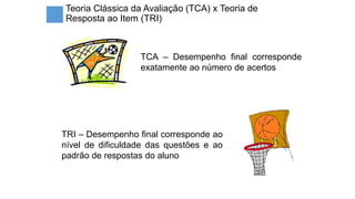 Teoria Clássica da Avaliação (TCA) x Teoria de
Resposta ao Item (TRI)
TCA – Desempenho final corresponde
exatamente ao número de acertos
TRI – Desempenho final corresponde ao
nível de dificuldade das questões e ao
padrão de respostas do aluno
 