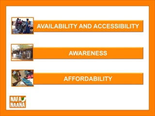 AVAILABILITY AND ACCESSIBILITY
AWARENESS
AFFORDABILITY
 