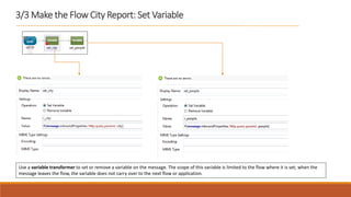 3/3 Make the Flow City Report: Set Variable
Use a variable transformer to set or remove a variable on the message. The scope of this variable is limited to the flow where it is set; when the
message leaves the flow, the variable does not carry over to the next flow or application.
 
