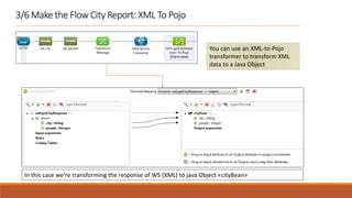 3/6 Make the Flow City Report: XML To Pojo
You can use an XML-to-Pojo
transformer to transform XML
data to a Java Object
In this case we’re transforming the response of WS (XML) to java Object «cityBean»
 