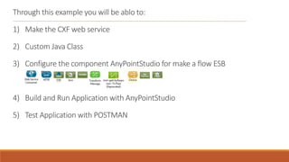 Through this example you will be ablo to:
1) Make the CXF web service
2) Custom Java Class
3) Configure the component AnyPointStudio for make a flow ESB
4) Build and Run Application with AnyPointStudio
5) Test Application with POSTMAN
 