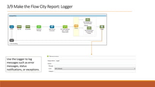 3/9 Make the Flow City Report: Logger
Use the Logger to log
messages such as error
messages, status
notifications, or exceptions.
 