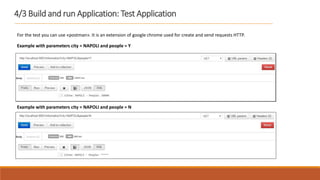4/3 Build and run Application: Test Application
For the test you can use «postman». It is an extension of google chrome used for create and send requests HTTP.
Example with parameters city = NAPOLI and people = Y
Example with parameters city = NAPOLI and people = N
 