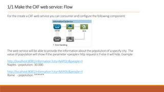 1/1 Make the CXF web service: Flow
For the create a CXF web service you can consumer and configure the following component:
The web service will be able to provide the informationabout the popolutionof a specify city. The
value of population will show if the parameter «people» http request is Y else it will hide.Example:
http://localhost:8081/information?city=NAPOLI&people=Y
Naples - popolution: 30.000
http://localhost:8081/information?city=NAPOLI&people=Y
Rome - popolution: ******
 