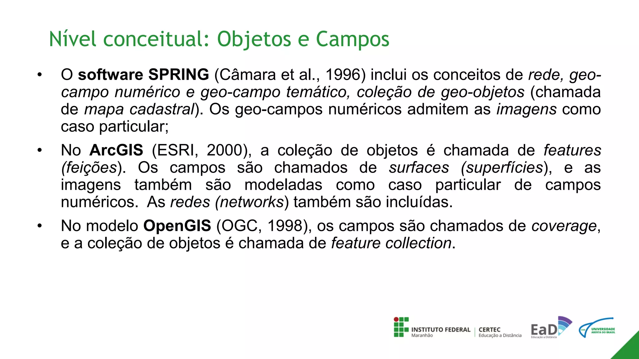 Nível conceitual: Objetos e Campos
• O software SPRING (Câmara et al., 1996) inclui os conceitos de rede, geo-
campo numérico e geo-campo temático, coleção de geo-objetos (chamada
de mapa cadastral). Os geo-campos numéricos admitem as imagens como
caso particular;
• No ArcGIS (ESRI, 2000), a coleção de objetos é chamada de features
(feições). Os campos são chamados de surfaces (superfícies), e as
imagens também são modeladas como caso particular de campos
numéricos. As redes (networks) também são incluídas.
• No modelo OpenGIS (OGC, 1998), os campos são chamados de coverage,
e a coleção de objetos é chamada de feature collection.
 