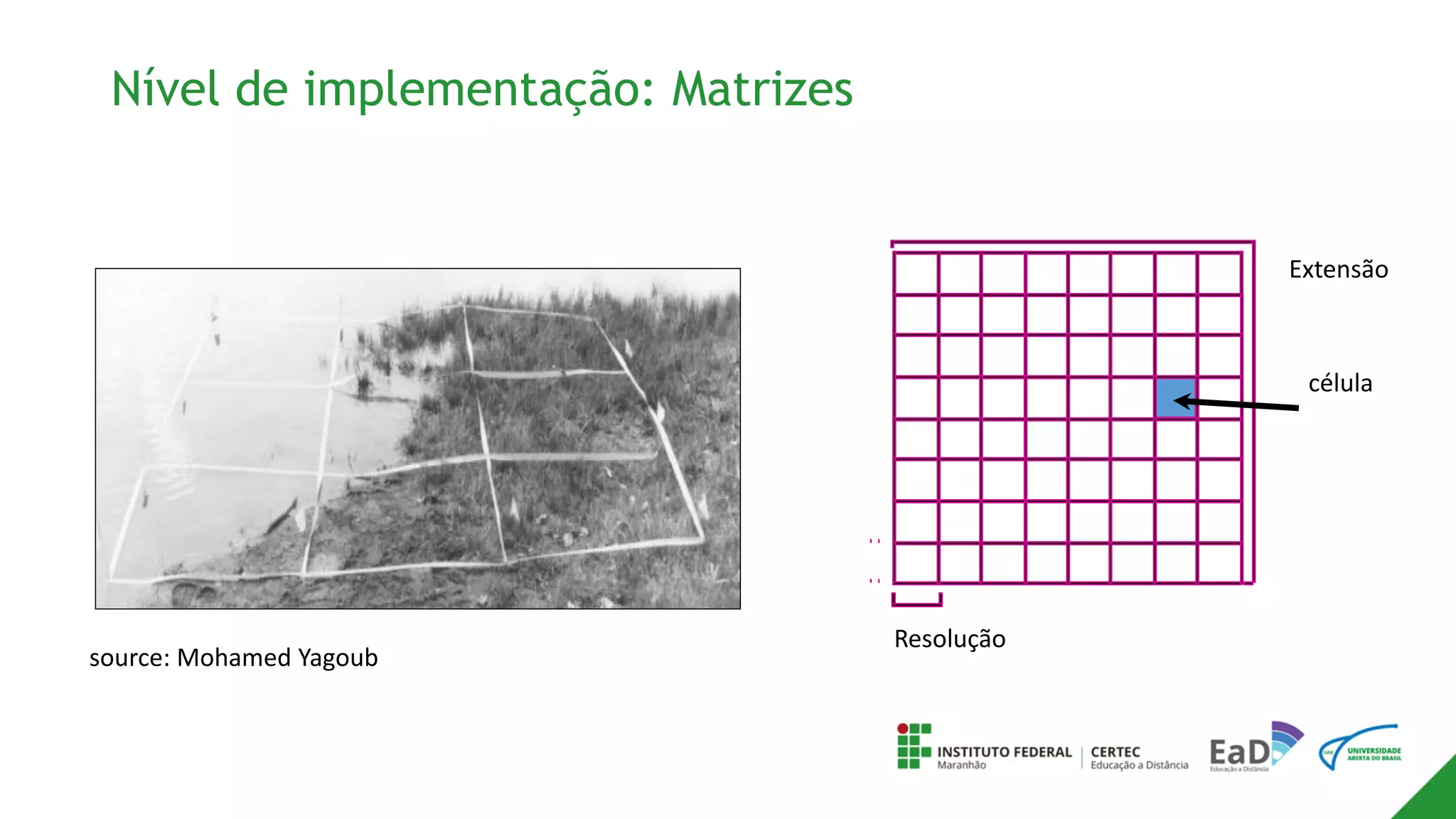 Nível de implementação: Matrizes
célula
Extensão
Resolução
source: Mohamed Yagoub
 