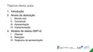 Tópicos desta aula:
1. Introdução
2. Níveis de abstração
I. Mundo real
II. Conceitual
III. Apresentação
IV. Implementação
3. Modelo de dados OMT-G
I. Classes
II. Relações
III. Diagrama de apresentação
 