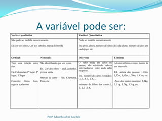 A variável pode ser:
Variável qualitativa Variável Quantitativa
Não pode ser medida numericamente.
Ex: cor dos olhos, Cor dos cabelos, marca de bebida
Pode ser medida numericamente
Ex: peso, altura, número de faltas de cada aluno, número de gols em
cada jogo, etc.
Ordinal: Nominais: Discretas Contínua
Tem uma relação entre
eles.
Ex. Colocação -1º lugar, 2º
lugar, 3º lugar
Conceito: ótimo, bom,
regular e péssimo
São identificados por um nome.
Ex. Cor dos olhos – azul, castanho,
preta e verde
Marcas de carro – Fiat, Chevrolet,
Ford, etc
O valor muda em saltos ou
passos, não admitindo valores
intermediários entre cada salto
ou passo.
Ex. -número de carros vendidos:
O, 1, 2, 3, 4, 5, ...
-número de filhos dos casais:0,
1, 2 ,3 ,4, 5,
Admite infinitos valores dentro de
um intervalo.
EX. -altura das pessoas: 1,48m,
1,52m, 1,65m, 1,70m, 1 ,83m, etc.
-Peso dos recém-nascidos: 2,8kg,
3,0 kg, 3,2kg, 3,5kg, etc.
Profº Eduardo Alves dos Reis
 