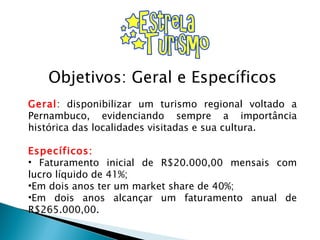 Objetivos: Geral e Específicos Geral : disponibilizar um turismo regional voltado a Pernambuco, evidenciando sempre a importância histórica das localidades visitadas e sua cultura.   Específicos: Faturamento inicial de R$20.000,00 mensais com lucro líquido de 41%; Em dois anos ter um market share de 40%; Em dois anos alcançar um faturamento anual de R$265.000,00. 