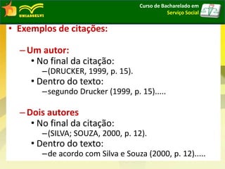 • Exemplos de citações:
–Um autor:
• No final da citação:
–(DRUCKER, 1999, p. 15).
• Dentro do texto:
–segundo Drucker (1999, p. 15).....
–Dois autores
• No final da citação:
–(SILVA; SOUZA, 2000, p. 12).
• Dentro do texto:
–de acordo com Silva e Souza (2000, p. 12).....
Curso de Bacharelado em
Serviço Social
 