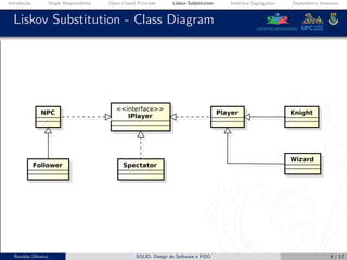 Introdução Single Responsibility Open-Closed Principle Liskov Substitution Interface Segregation Dependency Inversion
Liskov Substitution - Class Diagram
Ronildo Oliveira SOLID, Design de Software e POO 9 / 17
 