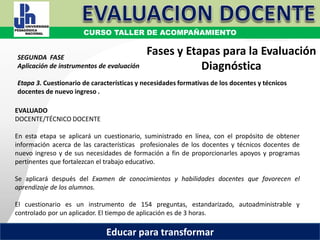 COORDINACIÓN ESTATAL DEL SERVICIO PROFESIONAL DOCENTE
Fases y Etapas para la Evaluación
Diagnóstica
EVALUADO
DOCENTE/TÉCNICO DOCENTE
En esta etapa se aplicará un cuestionario, suministrado en línea, con el propósito de obtener
información acerca de las características profesionales de los docentes y técnicos docentes de
nuevo ingreso y de sus necesidades de formación a fin de proporcionarles apoyos y programas
pertinentes que fortalezcan el trabajo educativo.
Se aplicará después del Examen de conocimientos y habilidades docentes que favorecen el
aprendizaje de los alumnos.
El cuestionario es un instrumento de 154 preguntas, estandarizado, autoadministrable y
controlado por un aplicador. El tiempo de aplicación es de 3 horas.
SEGUNDA FASE
Aplicación de instrumentos de evaluación
Etapa 3. Cuestionario de características y necesidades formativas de los docentes y técnicos
docentes de nuevo ingreso .
CURSO TALLER DE ACOMPAÑAMIENTO
Educar para transformar
 