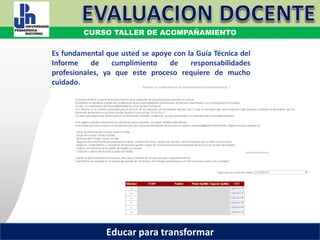 COORDINACIÓN ESTATAL DEL SERVICIO PROFESIONAL DOCENTE
Es fundamental que usted se apoye con la Guía Técnica del
Informe de cumplimiento de responsabilidades
profesionales, ya que este proceso requiere de mucho
cuidado.
COORDINACIÓN ESTATAL DEL SERVICIO PROFESIONAL DOCENTE
CURSO TALLER DE ACOMPAÑAMIENTO
Educar para transformar
 