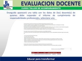 COORDINACIÓN ESTATAL DEL SERVICIO PROFESIONAL DOCENTE
Enseguida aparecerá una tabla con los datos de (los) docente(s) de
quienes debe responder el Informe de cumplimiento de
responsabilidades profesionales, seleccione uno.
COORDINACIÓN ESTATAL DEL SERVICIO PROFESIONAL DOCENTE
CURSO TALLER DE ACOMPAÑAMIENTO
Educar para transformar
 