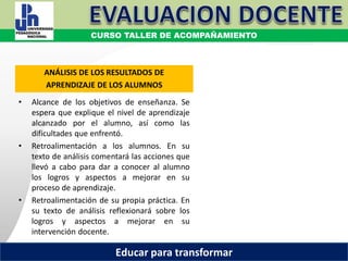 COORDINACIÓN ESTATAL DEL SERVICIO PROFESIONAL DOCENTE
ANÁLISIS DE LOS RESULTADOS DE
APRENDIZAJE DE LOS ALUMNOS
• Alcance de los objetivos de enseñanza. Se
espera que explique el nivel de aprendizaje
alcanzado por el alumno, así como las
dificultades que enfrentó.
• Retroalimentación a los alumnos. En su
texto de análisis comentará las acciones que
llevó a cabo para dar a conocer al alumno
los logros y aspectos a mejorar en su
proceso de aprendizaje.
• Retroalimentación de su propia práctica. En
su texto de análisis reflexionará sobre los
logros y aspectos a mejorar en su
intervención docente.
COORDINACIÓN ESTATAL DEL SERVICIO PROFESIONAL DOCENTE
CURSO TALLER DE ACOMPAÑAMIENTO
Educar para transformar
 