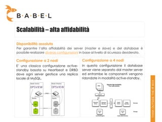 Scalabilità – alta affidabilità

Disponibilità assoluta
Per garantire l’alta affidabilità dei server (master e slave) e del database è
possibile realizzare diverse configurazioni in base al livello di sicurezza desiderato.

Configurazione a 2 nodi                      Configurazione a 4 nodi
E’ una classica configurazione active-       In questa configurazione il database
standby basata su Heartbeat e DRBD           server viene separato dal master server
dove ogni server gestisce una replica        ed entrambe le componenti vengono
locale di MySQL.                             ridondate in modalità active-standby.
 