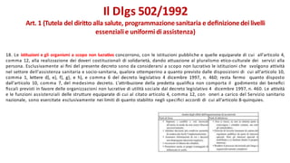 18. Le istituzioni e gli organismi a scopo non lucrativo concorrono, con le istituzioni pubbliche e quelle equiparate di cui all'articolo 4,
comma 12, alla realizzazione dei doveri costituzionali di solidarietà, dando attuazione al pluralismo etico-culturale dei servizi alla
persona. Esclusivamente ai ﬁni del presente decreto sono da considerarsi a scopo non lucrativo le istituzioni che svolgono attività
nel settore dell'assistenza sanitaria e socio-sanitaria, qualora ottemperino a quanto previsto dalle disposizioni di cui all'articolo 10,
comma 1, lettere d), e), f), g), e h), e comma 6 del decreto legislativo 4 dicembre 1997, n. 460; resta fermo quanto disposto
dall'articolo 10, comma 7, del medesimo decreto. L'attribuzione della predetta qualiﬁca non comporta il godimento dei beneﬁci
ﬁscali previsti in favore delle organizzazioni non lucrative di utilità sociale dal decreto legislativo 4 dicembre 1997, n. 460. Le attività
e le funzioni assistenziali delle strutture equiparate di cui al citato articolo 4, comma 12, con oneri a carico del Servizio sanitario
nazionale, sono esercitate esclusivamente nei limiti di quanto stabilito negli speciﬁci accordi di cui all'articolo 8-quinquies.
Il Dlgs 502/1992
Art. 1 (Tutela del diritto alla salute, programmazione sanitaria e deﬁnizionedei livelli
essenzialie uniformi diassistenza)
 
