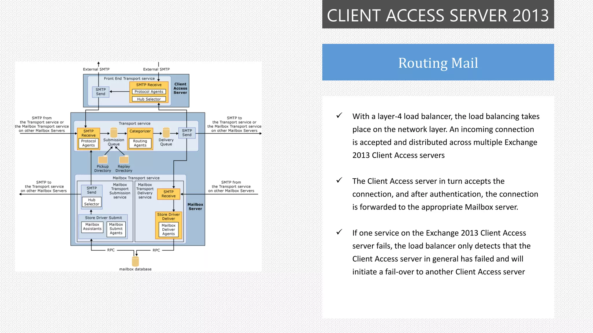 CLIENT ACCESS SERVER 2013
Routing Mail
 With a layer-4 load balancer, the load balancing takes
place on the network layer. An incoming connection
is accepted and distributed across multiple Exchange
2013 Client Access servers
 The Client Access server in turn accepts the
connection, and after authentication, the connection
is forwarded to the appropriate Mailbox server.
 If one service on the Exchange 2013 Client Access
server fails, the load balancer only detects that the
Client Access server in general has failed and will
initiate a fail-over to another Client Access server
 