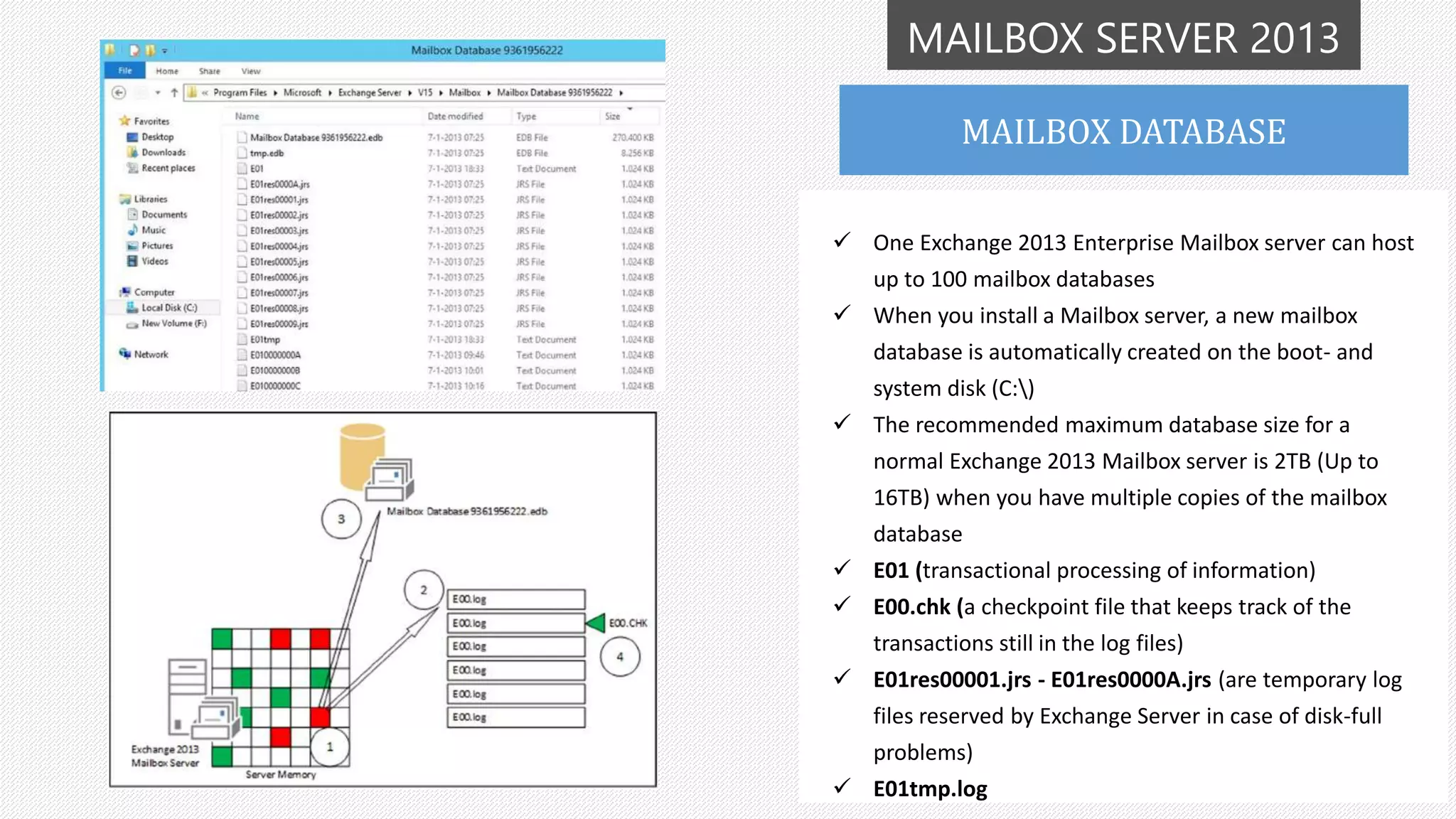 MAILBOX SERVER 2013
 One Exchange 2013 Enterprise Mailbox server can host
up to 100 mailbox databases
 When you install a Mailbox server, a new mailbox
database is automatically created on the boot- and
system disk (C:)
 The recommended maximum database size for a
normal Exchange 2013 Mailbox server is 2TB (Up to
16TB) when you have multiple copies of the mailbox
database
 E01 (transactional processing of information)
 E00.chk (a checkpoint file that keeps track of the
transactions still in the log files)
 E01res00001.jrs - E01res0000A.jrs (are temporary log
files reserved by Exchange Server in case of disk-full
problems)
 E01tmp.log
MAILBOX DATABASE
 