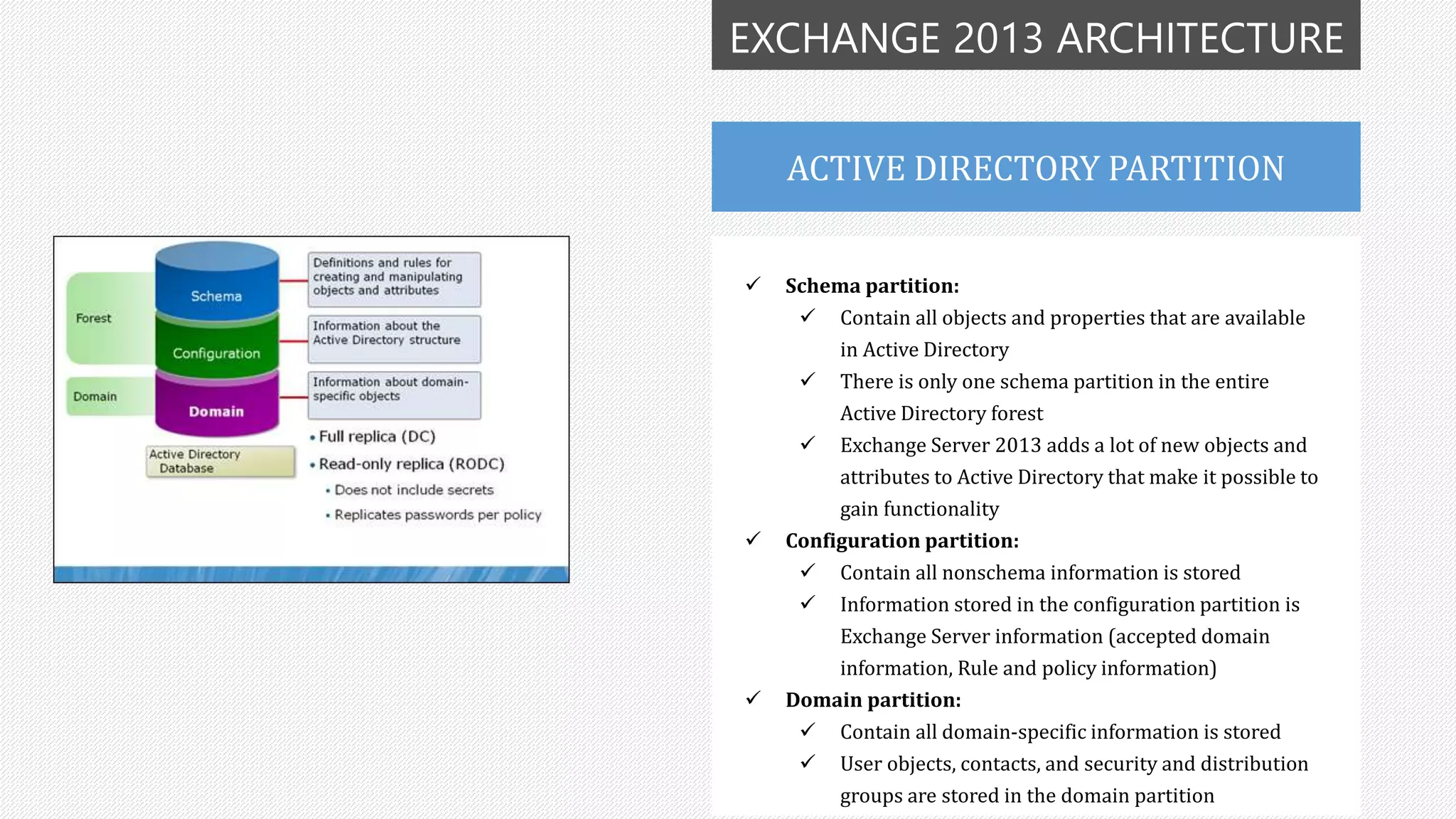 EXCHANGE 2013 ARCHITECTURE
ACTIVE DIRECTORY PARTITION
 Schema partition:
 Contain all objects and properties that are available
in Active Directory
 There is only one schema partition in the entire
Active Directory forest
 Exchange Server 2013 adds a lot of new objects and
attributes to Active Directory that make it possible to
gain functionality
 Configuration partition:
 Contain all nonschema information is stored
 Information stored in the configuration partition is
Exchange Server information (accepted domain
information, Rule and policy information)
 Domain partition:
 Contain all domain-specific information is stored
 User objects, contacts, and security and distribution
groups are stored in the domain partition
 