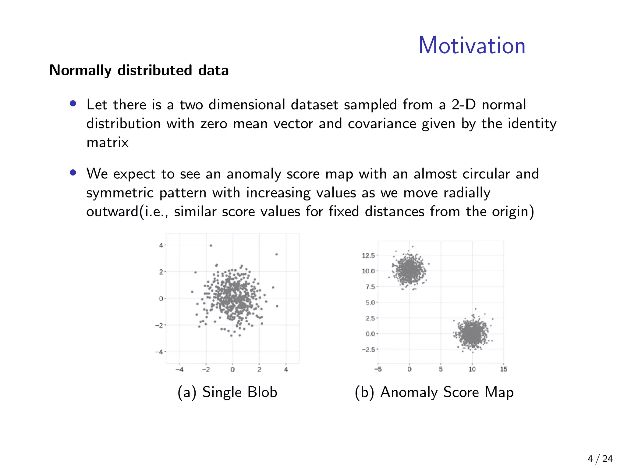 Motivation
Normally distributed data
• Let there is a two dimensional dataset sampled from a 2-D normal
distribution with zero mean vector and covariance given by the identity
matrix
• We expect to see an anomaly score map with an almost circular and
symmetric pattern with increasing values as we move radially
outward(i.e., similar score values for ﬁxed distances from the origin)
(a) Single Blob (b) Anomaly Score Map
4 / 24
 