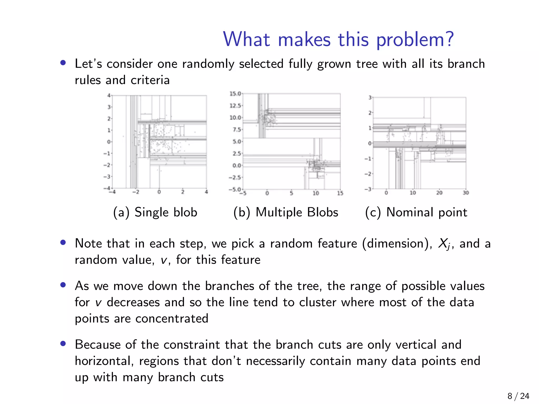 What makes this problem?
• Let’s consider one randomly selected fully grown tree with all its branch
rules and criteria
(a) Single blob (b) Multiple Blobs (c) Nominal point
• Note that in each step, we pick a random feature (dimension), Xj , and a
random value, v, for this feature
• As we move down the branches of the tree, the range of possible values
for v decreases and so the line tend to cluster where most of the data
points are concentrated
• Because of the constraint that the branch cuts are only vertical and
horizontal, regions that don’t necessarily contain many data points end
up with many branch cuts
8 / 24
 