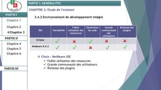  Choix : NetBeans IDE
 Faible utilisation des ressources
 Grande communauté des utilisateurs
 Richesse des plugins
IDE Portabilité
Faible
utilisation des
ressources
Génération
de code
Grande
communauté
des
utilisateurs
Richesse des
plugins
Eclipse
NetBeans 8.0.2
PARTIE I
PARTIE II
PARTIE I: GENERALITES
Chapitre 1
Chapitre 2
Chapitre 3
Chapitre 5
Chapitre 6
PARTIE III
Chapitre 4
CHAPITRE 3: Etude de l’existant
3.4.2 Environnement de développement intégré
 