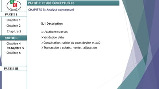 PARTIE I
PARTIE II
PARTIE II: ETUDE CONCEPTUELLE
Chapitre 1
Chapitre 2
Chapitre 3
Chapitre 5
Chapitre 6
PARTIE III
Chapitre 4
CHAPITRE 5: Analyse conceptuel
5.1 Description
L’authentification
Validation date
Consultation, saisie du cours devise et MID
Transaction : achats, vente, allocation
 