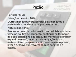 Pezão 
Partido: PMDB 
Intenções de voto: 16% 
Outros mandatos: vereador por dois mandatos e 
prefeito da sua cidade natal por duas vezes. 
Naturalidade: Piraí 
Propostas: investir na formação dos policiais, continuar 
firme na política de ocupação, continuar na formação 
da dupla jornada na educação, dar merito ao professor, 
expandir o metrô, investir na interligação do arco 
metropolitano, preparar a mão de obra para o pre-sal, 
levar o desenvolvimento econômico para todo o 
estado. 
 