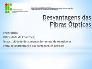 Fragilidade;
Dificuldade de Conexões;
Impossibilidade de alimentação remota de repetidores;
Falta de padronização dos componentes ópticos;
IFSP – INSTITUTO FEDERAL DE INDUSTRIAL
DISCIPLEDUCAÇÃO, CIÊNCIA E TECNOLOGIA DE SÃO PAULO - CAMPUS CUBATÃO
CURSO SUPERIOR DE TECNOLOGIA EM AUTOMAÇÃO
 