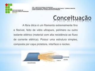 IFSP – INSTITUTO FEDERAL DE INDUSTRIAL
DISCIPLEDUCAÇÃO, CIÊNCIA E TECNOLOGIA DE SÃO PAULO - CAMPUS CUBATÃO
CURSO SUPERIOR DE TECNOLOGIA EM AUTOMAÇÃO
A fibra ótica é um filamento extremamente fino
e flexível, feito de vidro ultrapuro, polímero ou outro
isolante elétrico (material com alta resistência ao fluxo
de corrente elétrica). Possui uma estrutura simples,
composta por capa protetora, interface e núcleo.
 