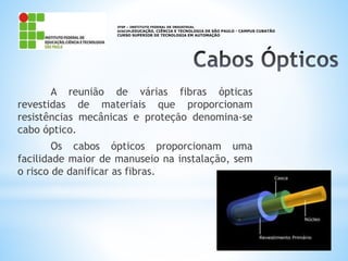 A reunião de várias fibras ópticas
revestidas de materiais que proporcionam
resistências mecânicas e proteção denomina-se
cabo óptico.
Os cabos ópticos proporcionam uma
facilidade maior de manuseio na instalação, sem
o risco de danificar as fibras.
IFSP – INSTITUTO FEDERAL DE INDUSTRIAL
DISCIPLEDUCAÇÃO, CIÊNCIA E TECNOLOGIA DE SÃO PAULO - CAMPUS CUBATÃO
CURSO SUPERIOR DE TECNOLOGIA EM AUTOMAÇÃO
 