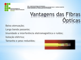 Baixa atenuação;
Larga banda passante;
Imunidade a interferência eletromagnética e ruídos;
Isolação elétrica;
Tamanho e peso reduzidos;
IFSP – INSTITUTO FEDERAL DE INDUSTRIAL
DISCIPLEDUCAÇÃO, CIÊNCIA E TECNOLOGIA DE SÃO PAULO - CAMPUS CUBATÃO
CURSO SUPERIOR DE TECNOLOGIA EM AUTOMAÇÃO
 