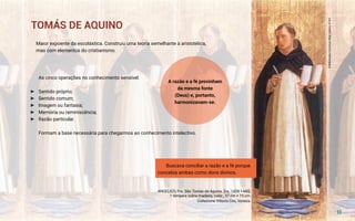 TOMÁS DE AQUINO
Maior expoente da escolástica. Construiu uma teoria semelhante à aristotélica,
mas com elementos do cristianismo.
ANGELICO, Fra. São Tomás de Aquino. [ca. 1438-1440].
1 têmpera sobre madeira, color., 37 cm × 15 cm.
Collezione Vittorio Cini, Veneza.
Buscava conciliar a razão e a fé porque
concebia ambas como dons divinos.
As cinco operações no conhecimento sensível:
►
► Sentido próprio;
►
► Sentido comum;
►
► Imagem ou fantasia;
►
► Memória ou reminiscência;
►
► Razão particular.
Formam a base necessária para chegarmos ao conhecimento intelectivo.
A razão e a fé provinham
da mesma fonte
(Deus) e, portanto,
harmonizavam‑se.
11
©Wikimedia
Commos/Web
Gallery
of
Art
 