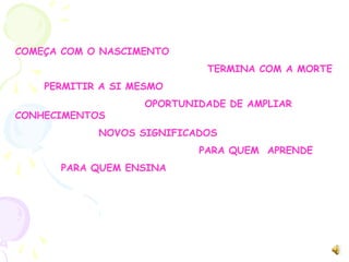 COMEÇA COM O NASCIMENTO                                              TERMINA COM A MORTE       PERMITIR A SI MESMO                               OPORTUNIDADE DE AMPLIAR CONHECIMENTOS                    NOVOS SIGNIFICADOS                                            PARA QUEM  APRENDE           PARA QUEM ENSINA