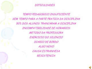 DIFICULDADESTEMPO PEDAGOGICO INSUFICIENTESEM TEMPO PARA A PARTE PRATICA DA DISCIPLINA50% DOS ALUNOS TRANCARAM A DISCIPLINAINCOMPATIBILIDADE DE HORARIOSMETODO DA PROFESSORAEXERCICIO DO SILENCIODIARIO DE BORDOALGO NOVOCAUSA ESTRANHESARESISTENCIA