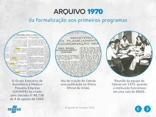 Programa de Trainees 2014
arquivo 1970
O Grupo Executivo de
Assistência à Média e
Pequena Empresa
(GEAMPE) foi criado
pelo Decreto nº 48.738
de 4 de agosto de 1960.
Ata de criação do Cebrae
com publicação no Diário
Oficial da União.
Reunião da equipe do
Cebrae em 1972, quando
a instituição funcionava
em uma sala do BNDE.
da formalização aos primeiros programas
 